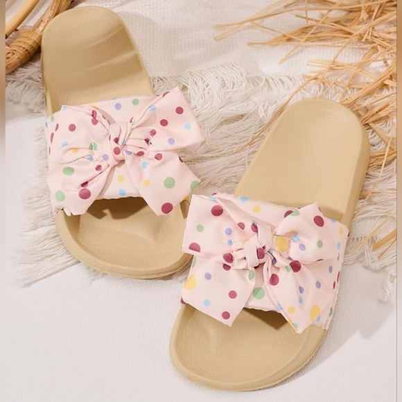 Flat Slide Sandals Slip-On Waterproof Flip-Flops Casual Shoes, Pink Bow Polkadot - Picture 3 of 8